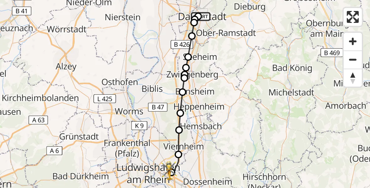 Flugroute Rettungshubschrauber Darmstadt Hospital - Mannheim-City Flughafen, 17 Juli 2026, 09:26