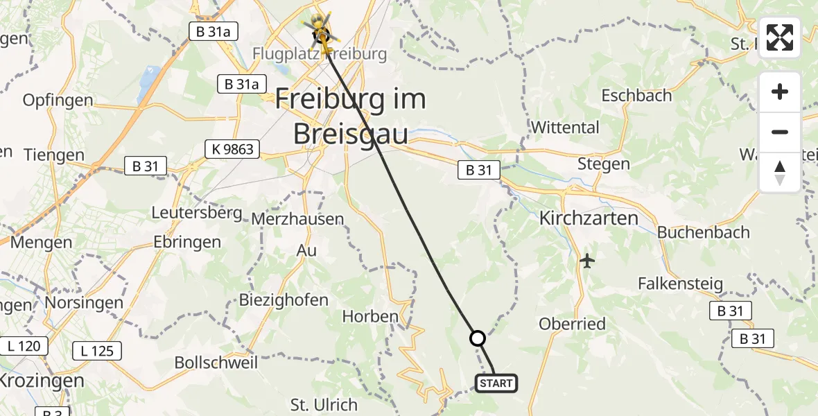 Flugroute Ambulanzhubschrauber Oberried - Freiburg im Breisgau Flugplatz, 17 Juli 2026, 09:30