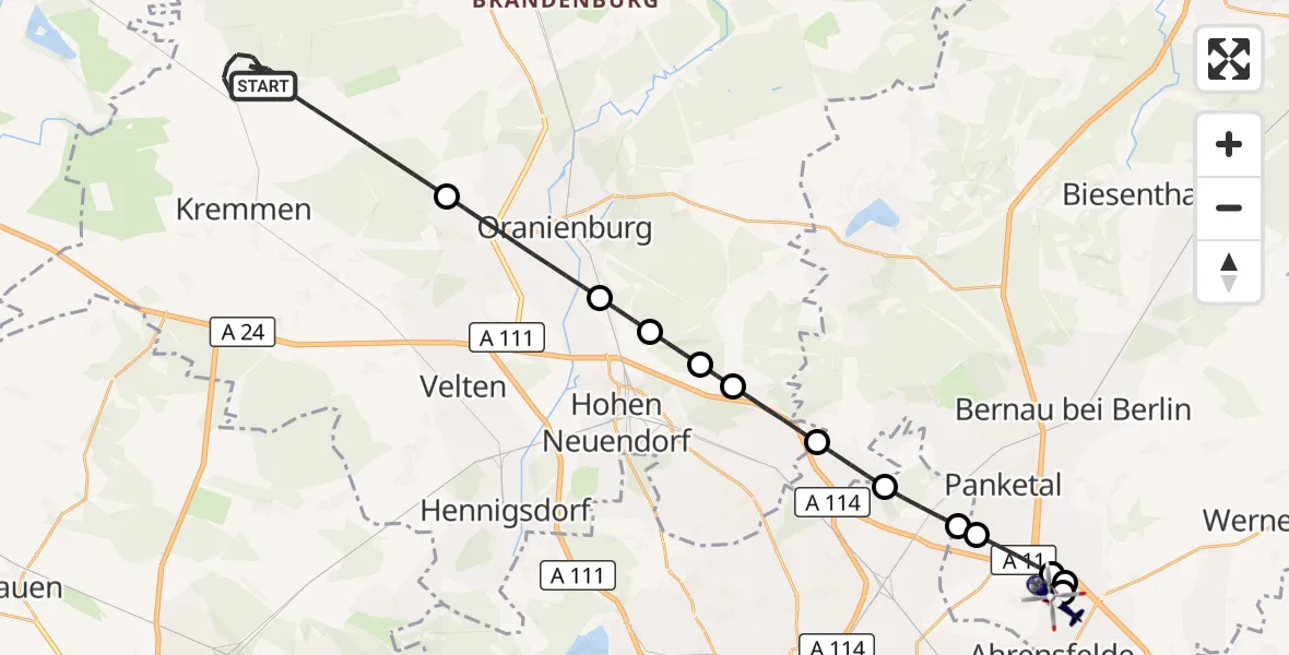 Flugroute Polizeihubschrauber Kremmen - Ahrensfelde Hubschrauberlandeplatz, 17 Juli 2026, 09:31