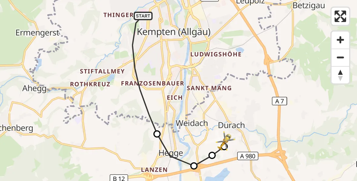Flugroute Rettungshubschrauber Kempten (Allgäu) - Kempten-Durach Flugplatz, 17 Juli 2026, 09:33