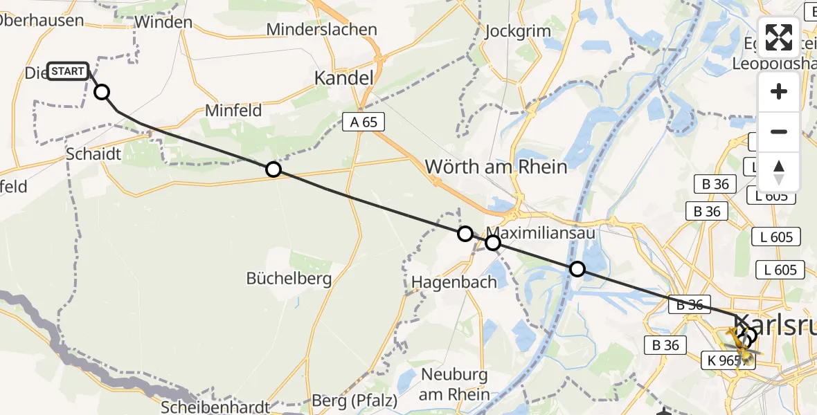 Flugroute Ambulanzhubschrauber Dierbach - Sankt Vincentius Hospital, 17 Juli 2026, 09:36