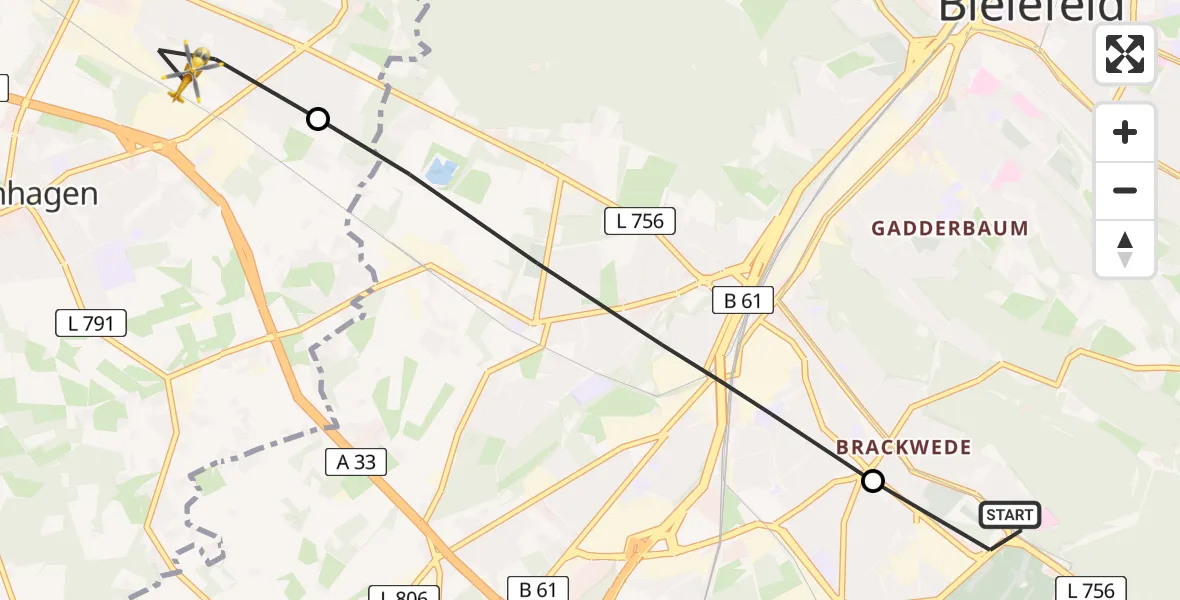 Flugroute Rettungshubschrauber Luftrettungszentrum Bielefeld - Steinhagen, 17 Juli 2026, 09:44