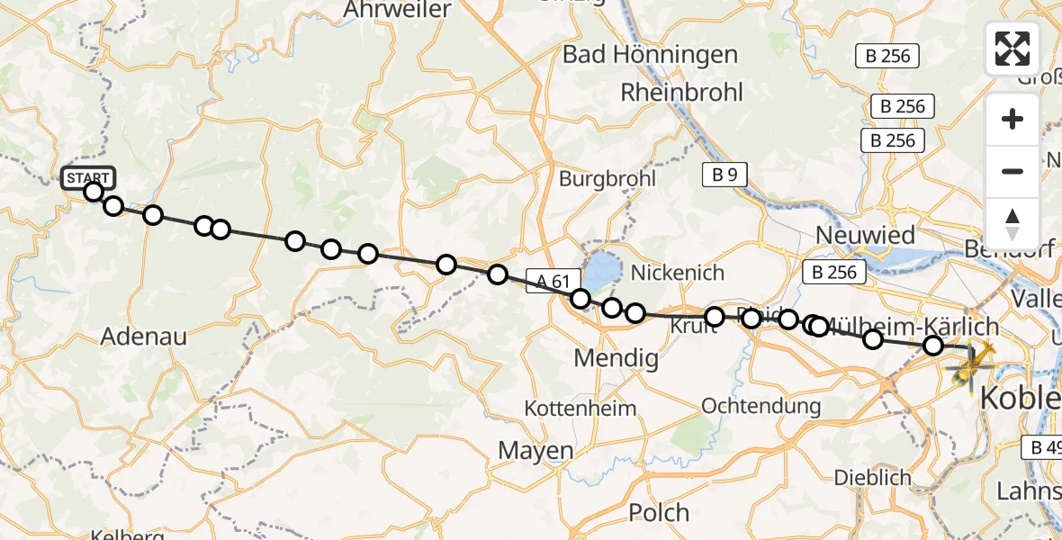 Flugroute Rettungshubschrauber Harscheid - Koblenz, 17 Juli 2026, 09:49