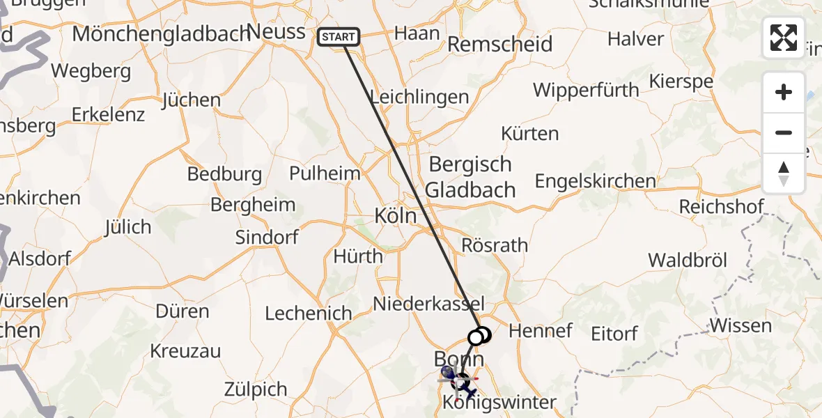 Flugroute Polizeihubschrauber Düsseldorf - Bonn University Hospital, 17 Juli 2026, 09:50