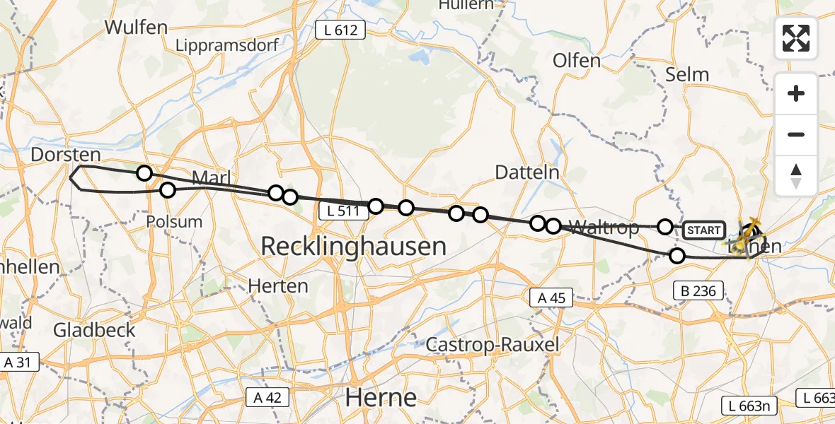 Flugroute Rettungshubschrauber Lünen - Sankt Marien Hospital, 17 Juli 2026, 09:51