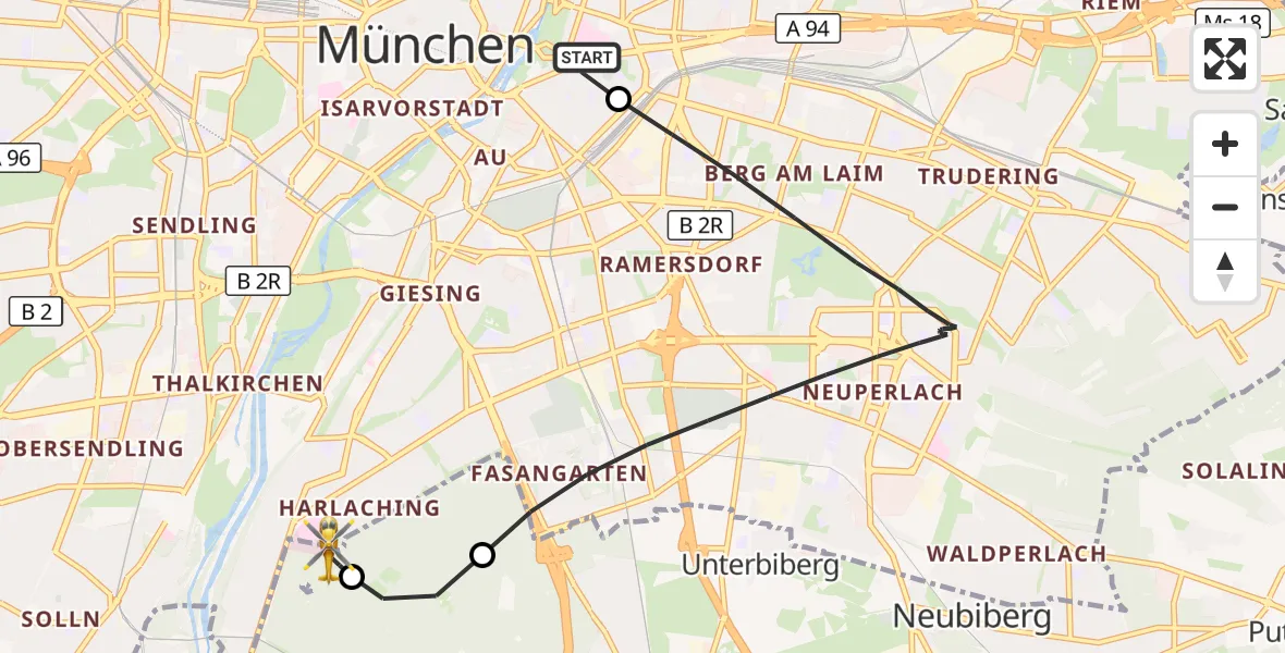 Flugroute Rettungshubschrauber Rechts der Isar University Hospital - ADAC Air Rescue Center Hubschrauberlandeplatz (Christoph 1), 17 Juli 2026, 10:01