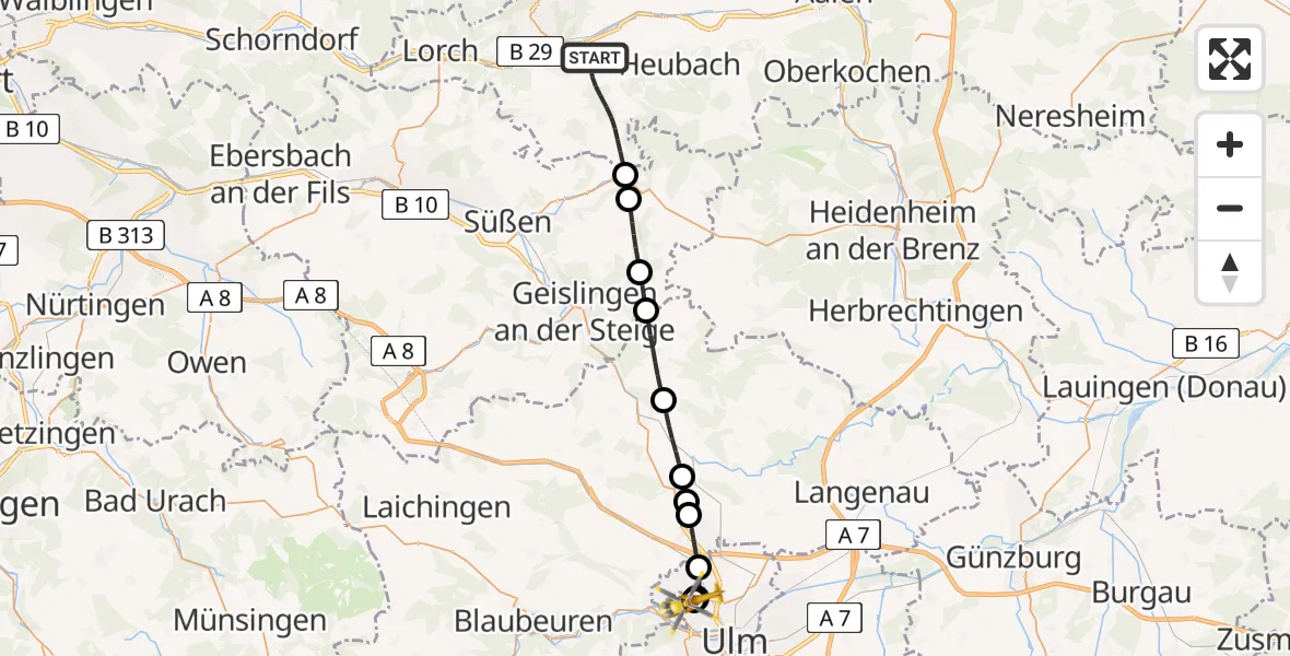 Flugroute Rettungshubschrauber Schwäbisch Gmünd - Ulm Military Hospital Emergency, 17 Juli 2026, 10:07
