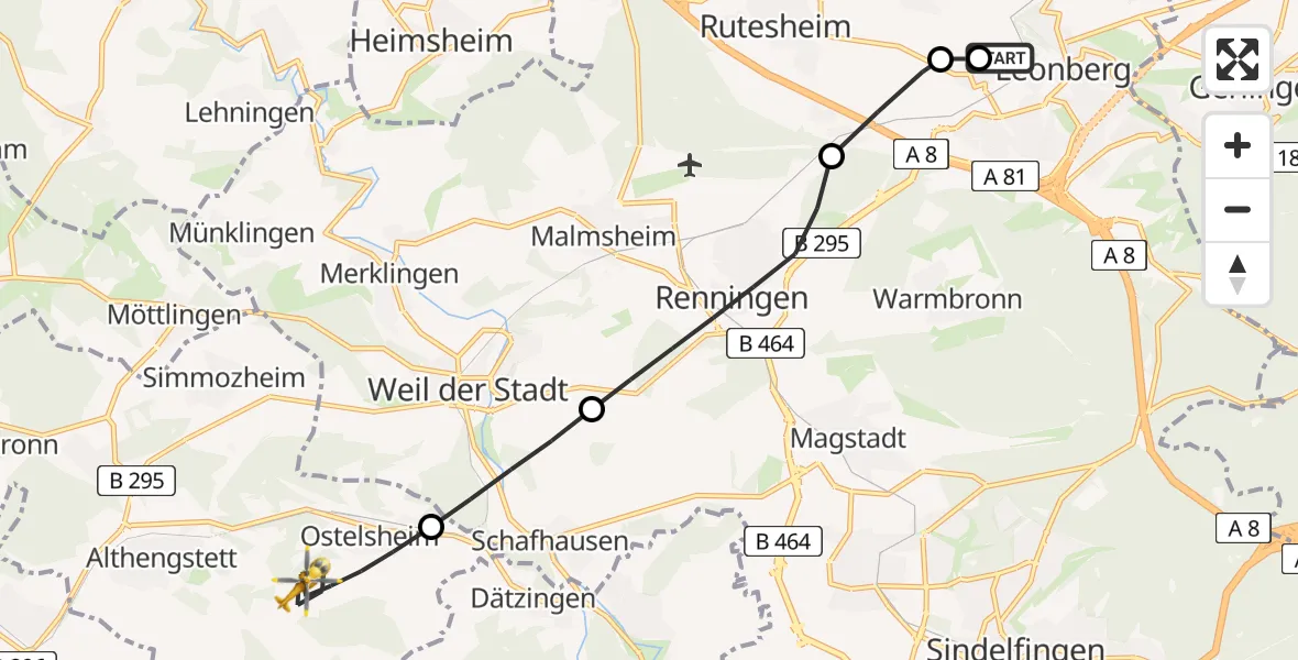 Flugroute Rettungshubschrauber Leonberg Hospital - Ostelsheim, 17 Juli 2026, 10:15