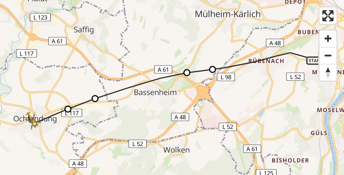 Flugroute Rettungshubschrauber Koblenz - Ochtendung, 17 Juli 2026, 10:15