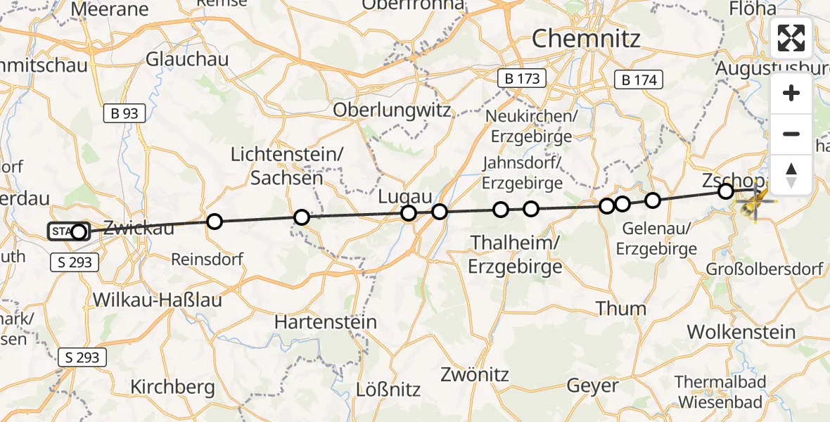 Flugroute Rettungshubschrauber ADAC Air Rescue Station Zwickau Hubschrauberlandeplatz - Zschopau, 17 Juli 2026, 10:17