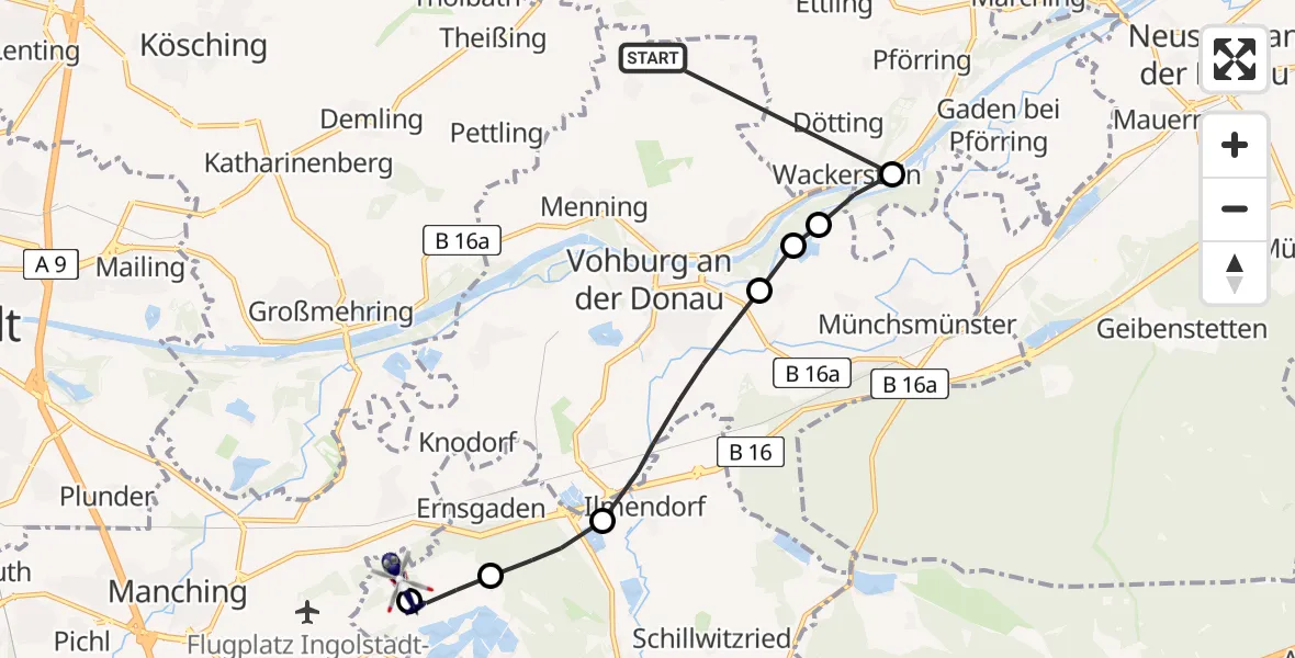 Flugroute Polizeihubschrauber Vohburg a.d.Donau - Ingolstadt Manching Flughafen, 17 Juli 2026, 10:23