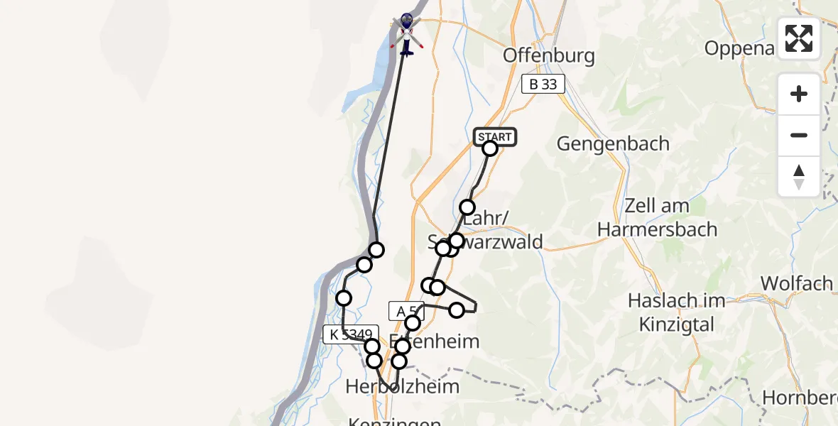 Flugroute Polizeihubschrauber Hohberg - Neuried, 17 Juli 2026, 10:25