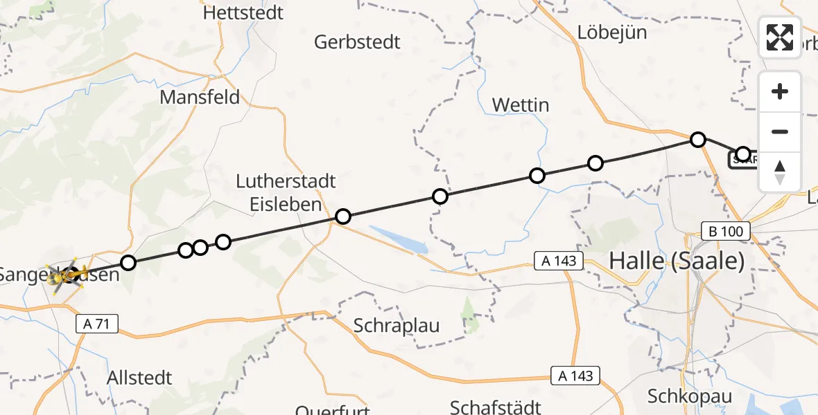 Flugroute Rettungshubschrauber Halle-Oppin Flugplatz - Helios Clinic Mansfeld-Südharz, 17 Juli 2026, 10:36