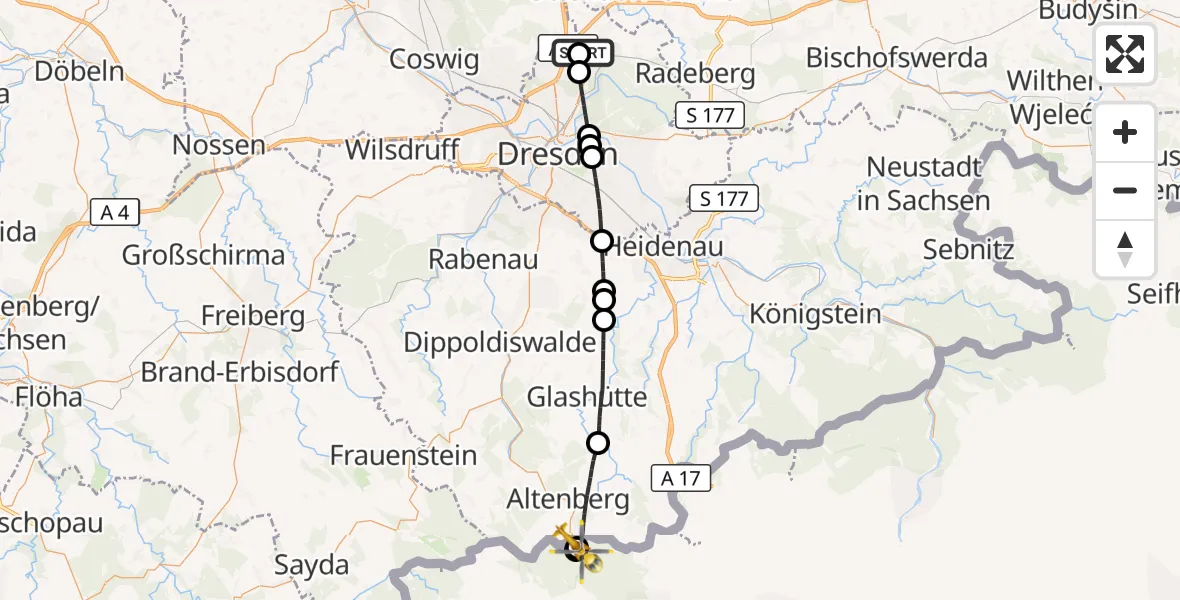 Flugroute Rettungshubschrauber Dresden Bundespolizei Hubschrauberlandeplatz - Altenberg, 17 Juli 2026, 10:36