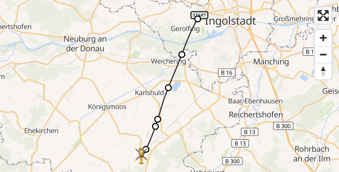 Flugroute Rettungshubschrauber Ingolstadt Hospital - Schrobenhausen, 17 Juli 2026, 10:38