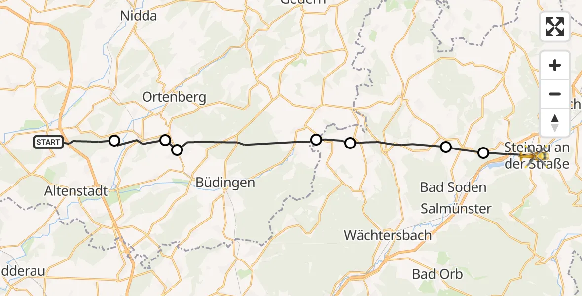 Flugroute Ambulanzhubschrauber Florstadt - Steinau an der Straße, 17 Juli 2026, 10:40