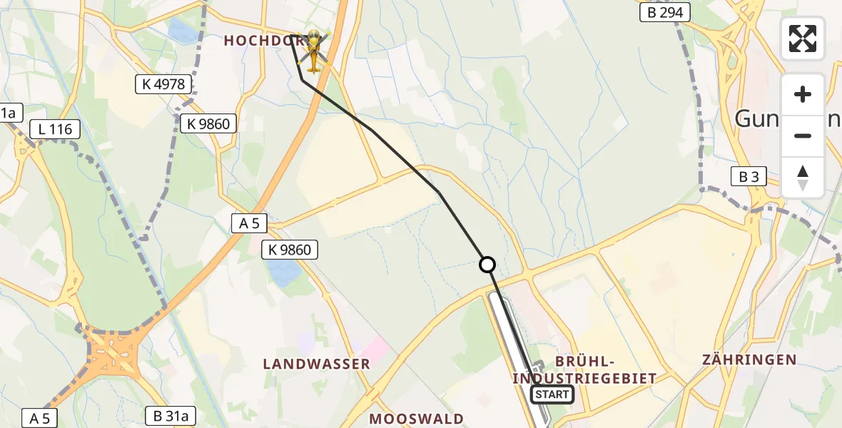 Flugroute Ambulanzhubschrauber Freiburg im Breisgau Flugplatz - Freiburg im Breisgau, 17 Juli 2026, 10:44