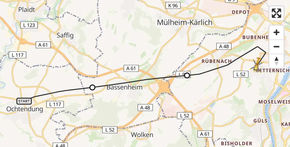 Flugroute Rettungshubschrauber Ochtendung - Koblenz, 17 Juli 2026, 10:44