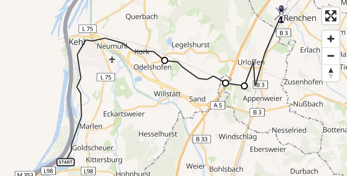 Flugroute Polizeihubschrauber Kehl - Renchen, 17 Juli 2026, 10:50