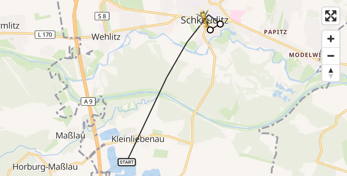 Flugroute Rettungshubschrauber Schkeuditz - Schkeuditz, 17 Juli 2026, 10:57