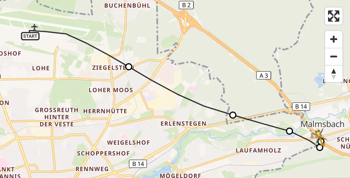 Flugroute Ambulanzhubschrauber Flughafen Nuremberg - Schwaig b.Nürnberg, 17 Juli 2026, 11:00