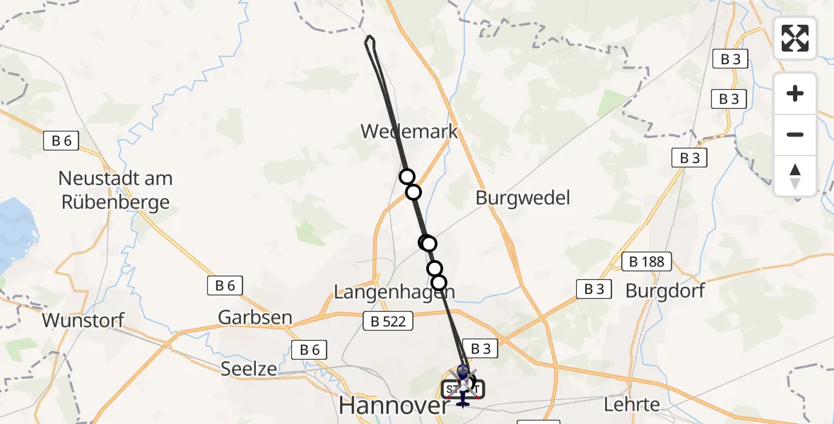 Flugroute Polizeihubschrauber Hannover Luftrettung Hubschrauberlandeplatz (Christoph 4) - Hannover Luftrettung Hubschrauberlandeplatz (Christoph 4), 17 Juli 2026, 11:04