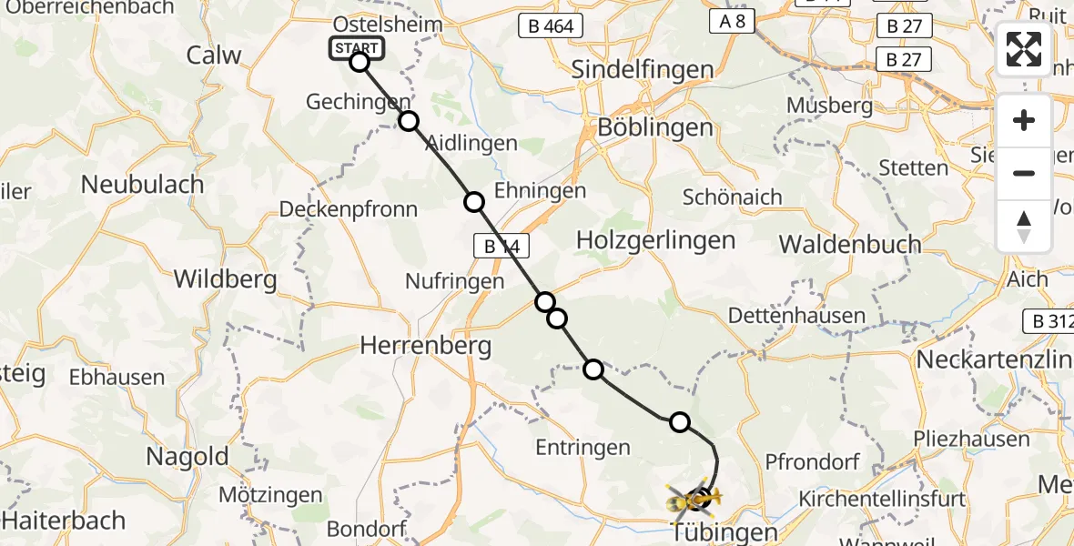 Flugroute Rettungshubschrauber Ostelsheim - Tübingen Trauma Hospital, 17 Juli 2026, 11:05