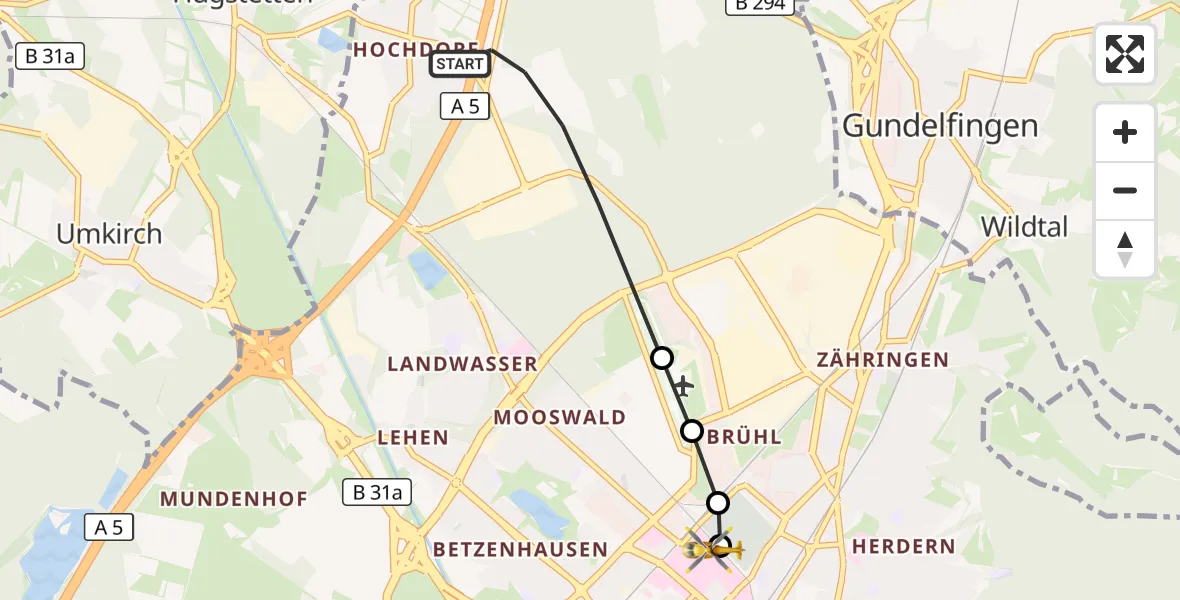 Flugroute Ambulanzhubschrauber Freiburg im Breisgau - Freiburg University Hospital Heliport 1, 17 Juli 2026, 11:16