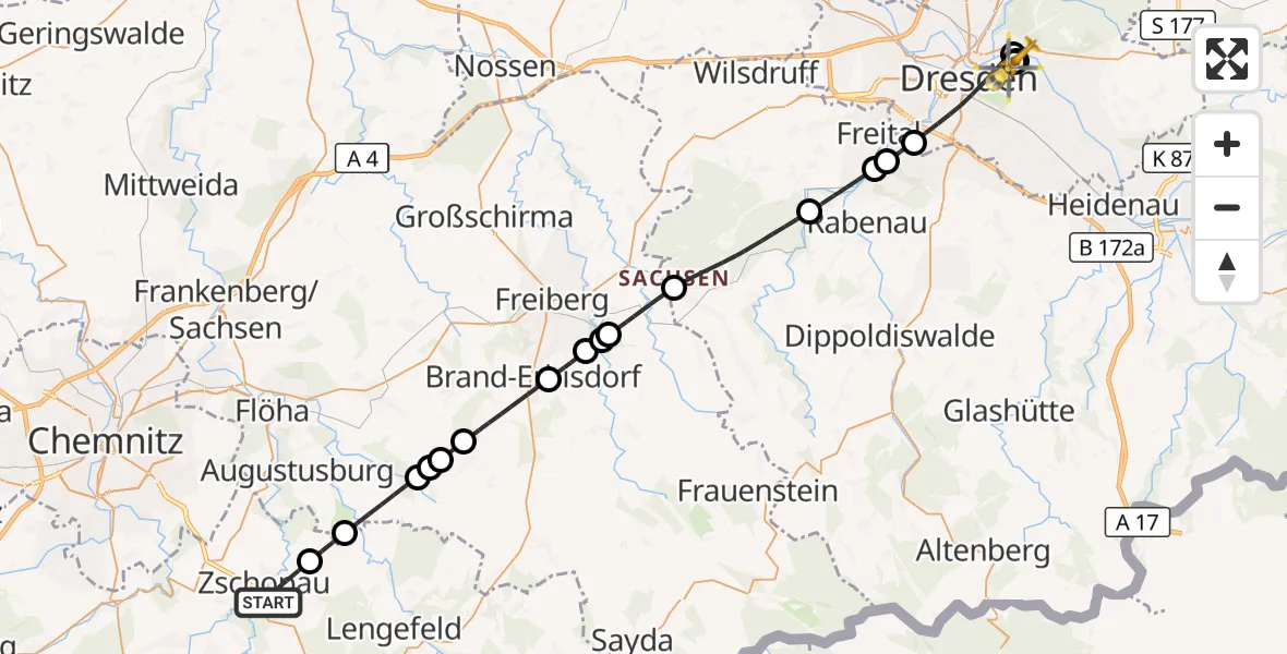 Flugroute Rettungshubschrauber Zschopau - Dresden University Hospital, 17 Juli 2026, 11:16