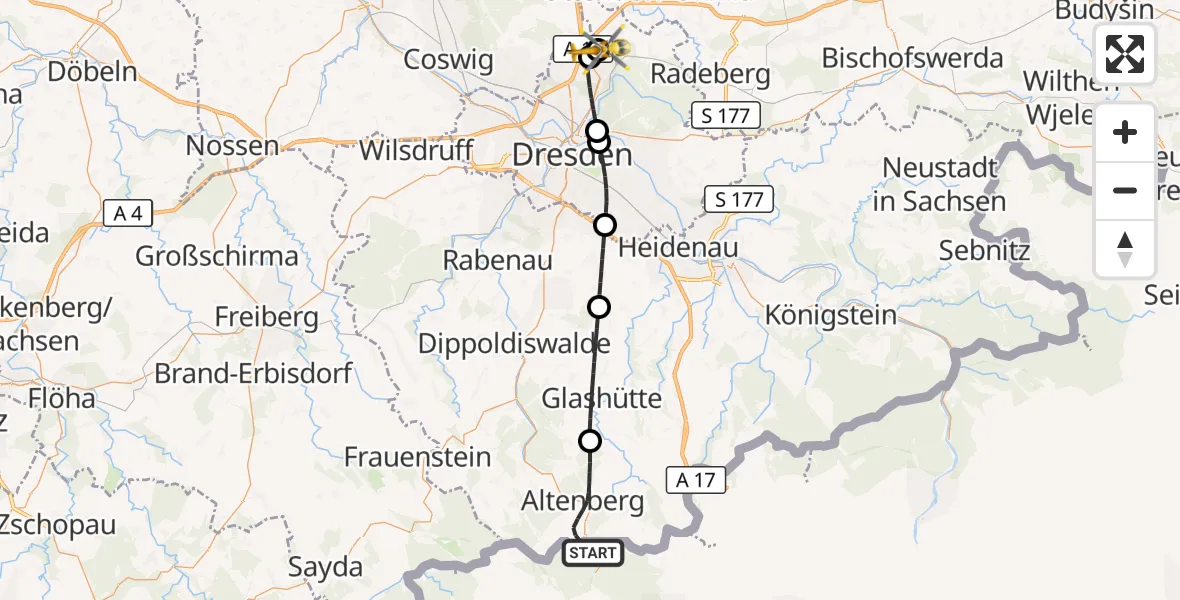 Flugroute Rettungshubschrauber Altenberg - Dresden Bundespolizei Hubschrauberlandeplatz, 17 Juli 2026, 11:16