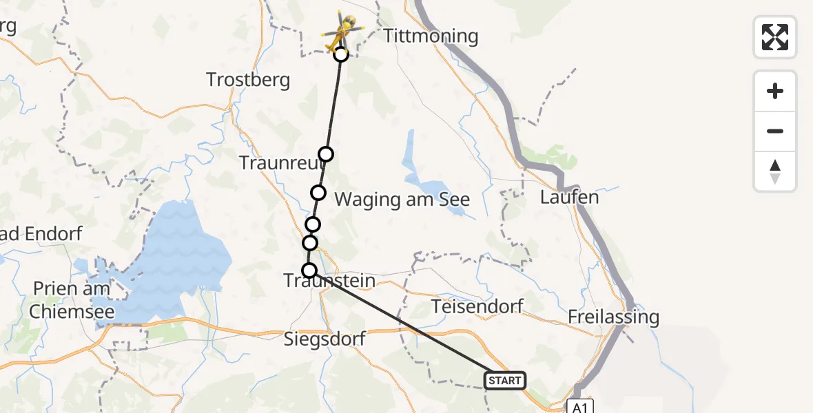 Flugroute Rettungshubschrauber Anger - Tyrlaching, 17 Juli 2026, 11:16