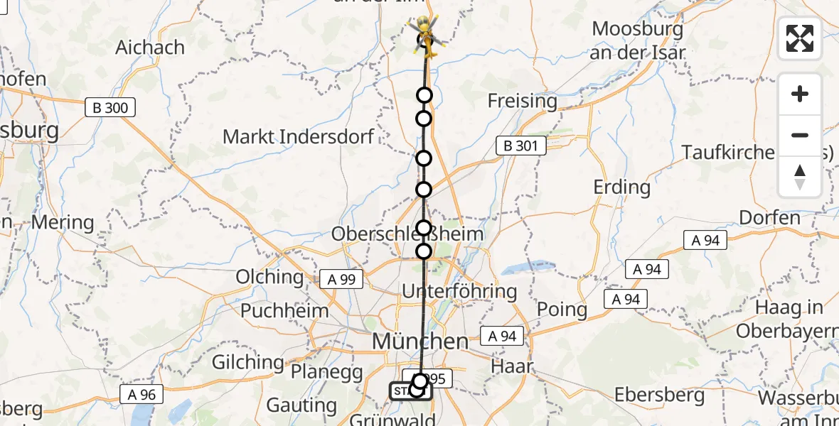 Flugroute Rettungshubschrauber ADAC Air Rescue Center Hubschrauberlandeplatz (Christoph 1) - Paunzhausen, 17 Juli 2026, 11:24
