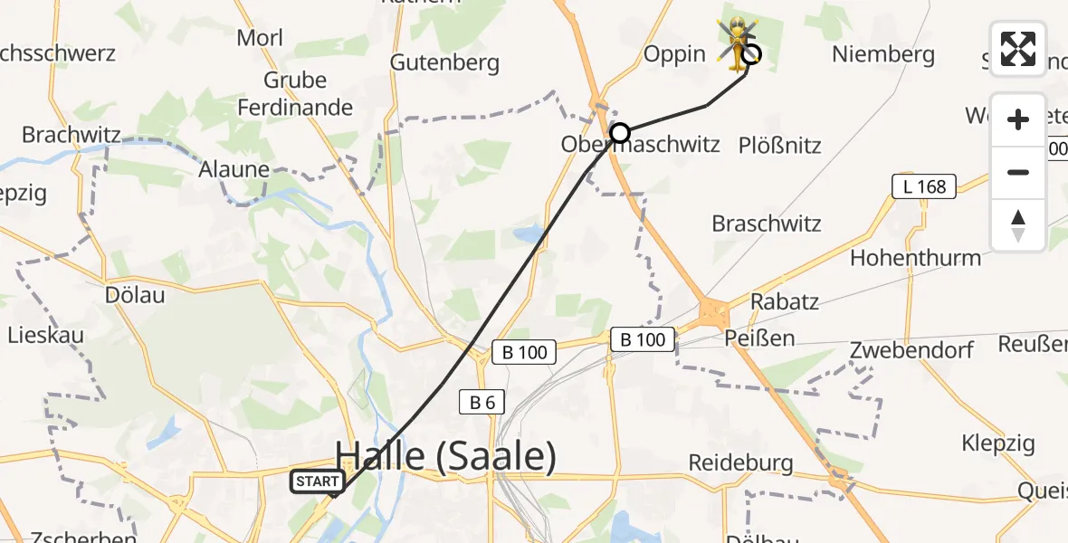 Flugroute Rettungshubschrauber Halle (Saale) - Halle-Oppin Flugplatz, 17 Juli 2026, 11:33