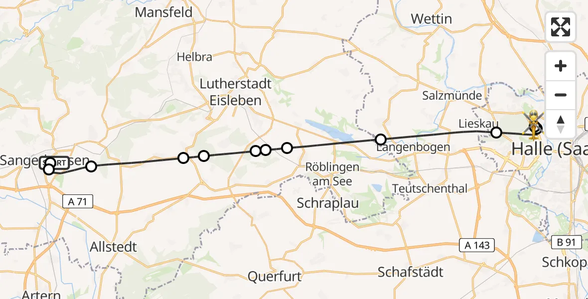 Flugroute Rettungshubschrauber Helios Clinic Mansfeld-Südharz - Halle (Saale) University Hospital, 17 Juli 2026, 11:42