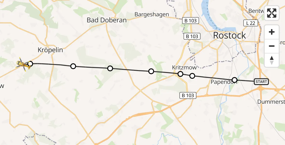 Flugroute Ambulanzhubschrauber Dummerstorf - Biendorf, 17 Juli 2026, 11:45