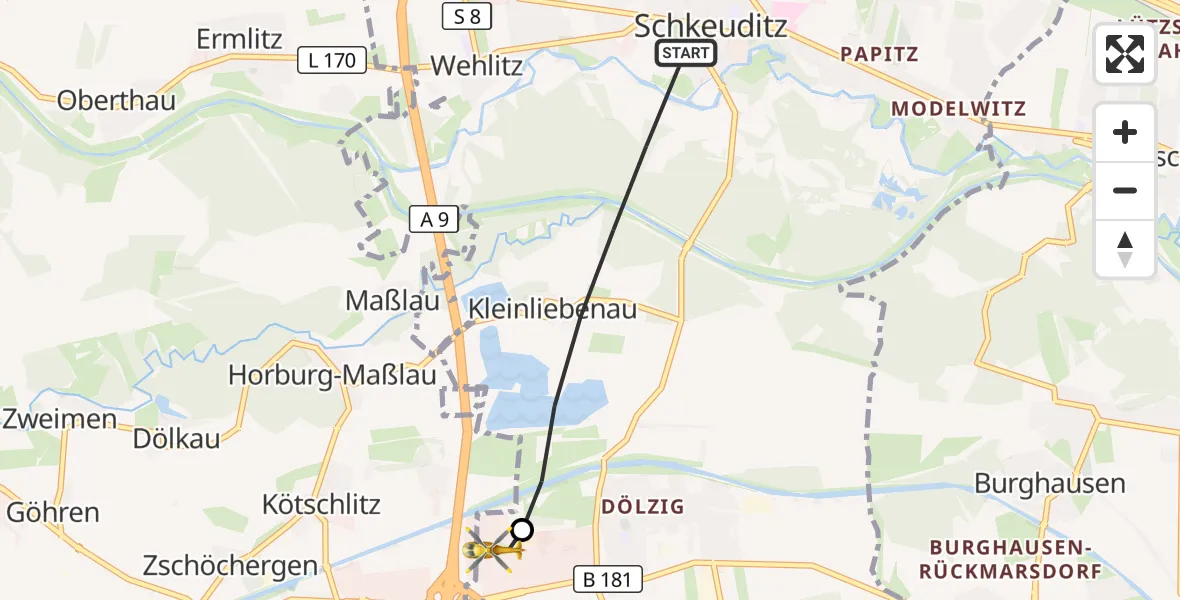 Flugroute Rettungshubschrauber Schkeuditz - ADAC Air Rescue Station Leipzig/Schkeuditz-Dölzig Hubschrauberlandeplatz (Christoph 61), 17 Juli 2026, 11:47