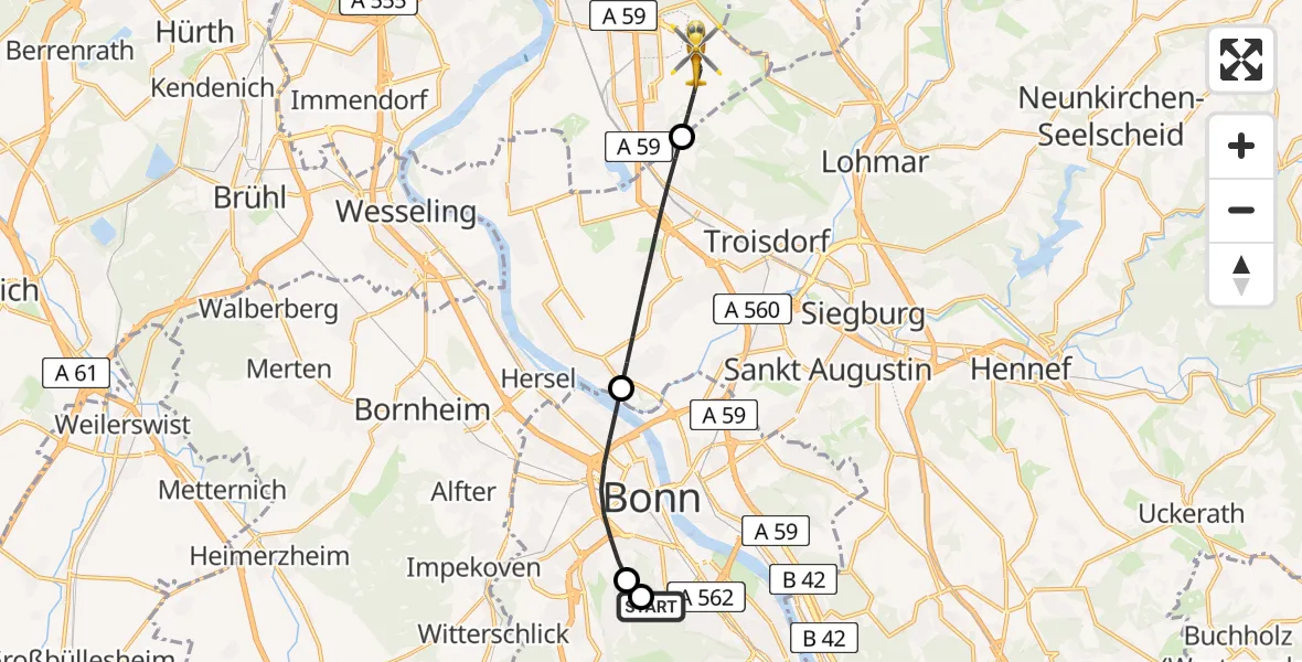 Flugroute Ambulanzhubschrauber Bonn University Hospital - Köln Bonn Flughafen, 17 Juli 2026, 11:50