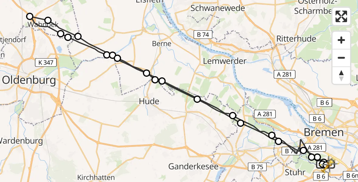 Flugroute Rettungshubschrauber ADAC Air Rescue Station Bremen Hubschrauberlandeplatz (Christoph 6) - ADAC Air Rescue Station Bremen Hubschrauberlandeplatz (Christoph 6), 17 Juli 2026, 11:55