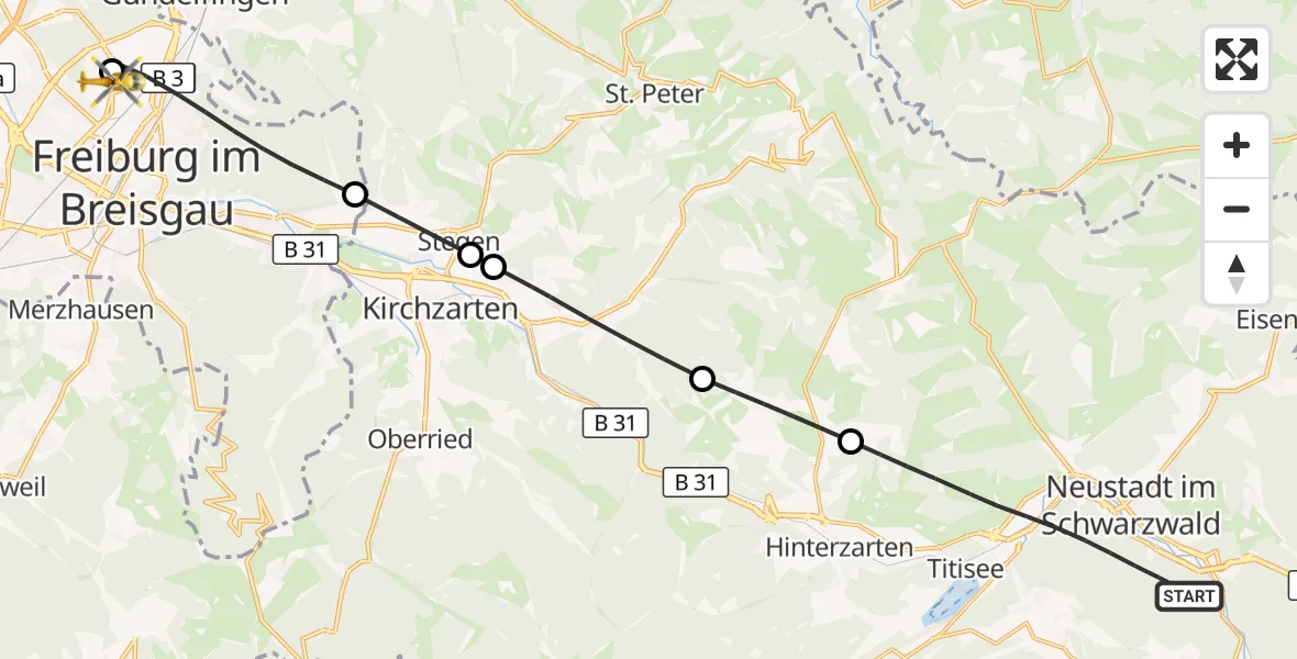 Flugroute Ambulanzhubschrauber Titisee-Neustadt - Freiburg im Breisgau Flugplatz, 17 Juli 2026, 12:06
