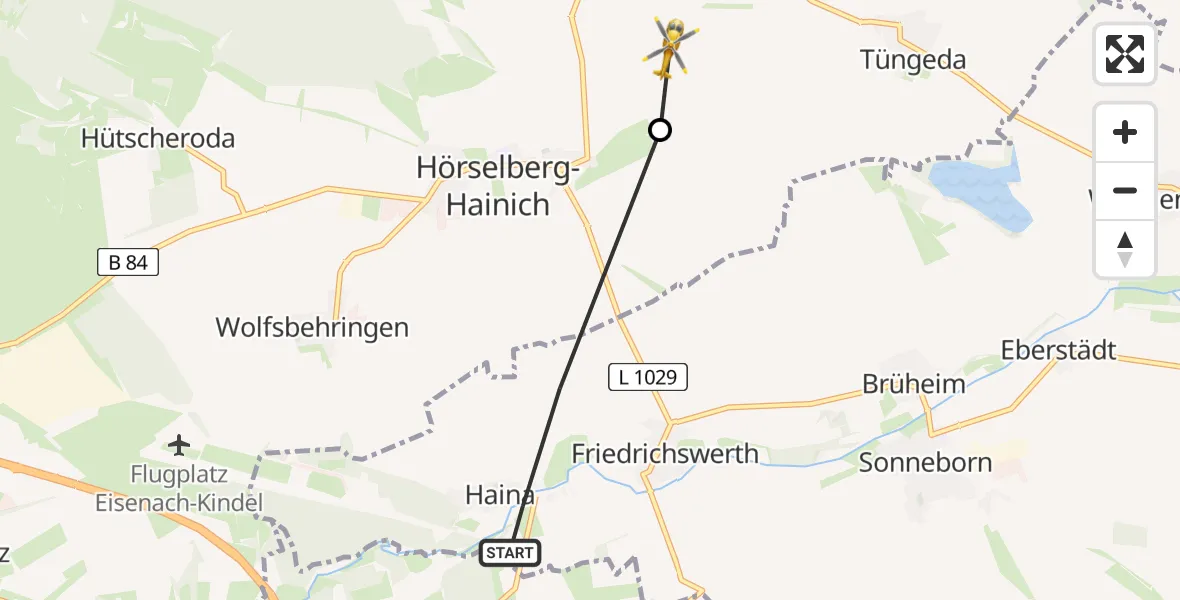 Flugroute Ambulanzhubschrauber Nessetal - Hörselberg-Hainich, 17 Juli 2026, 12:06