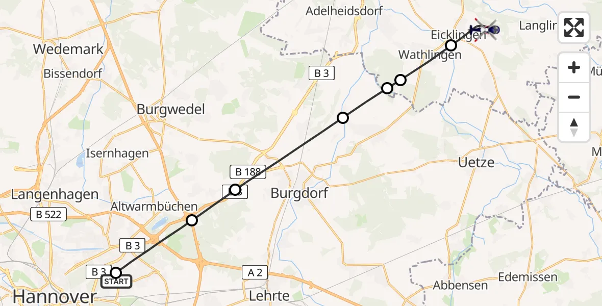 Flugroute Polizeihubschrauber Hannover Luftrettung Hubschrauberlandeplatz (Christoph 4) - Eicklingen, 17 Juli 2026, 12:17
