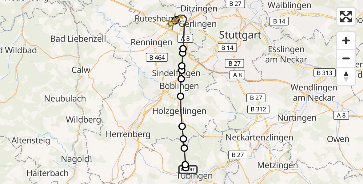 Flugroute Rettungshubschrauber Tübingen Trauma Hospital - Leonberg Hospital, 17 Juli 2026, 12:17