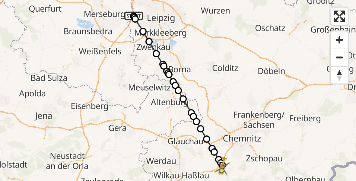 Flugroute Rettungshubschrauber ADAC Air Rescue Station Leipzig/Schkeuditz-Dölzig Hubschrauberlandeplatz (Christoph 61) - Stollberg/Erzgeb., 17 Juli 2026, 12:19