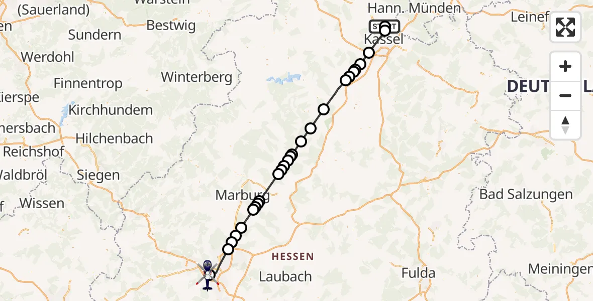 Flugroute Polizeihubschrauber Fuldatal Bundespolizei Hubschrauberlandeplatz - Gießen-Lützellinden Flugplatz, 17 Juli 2026, 12:27