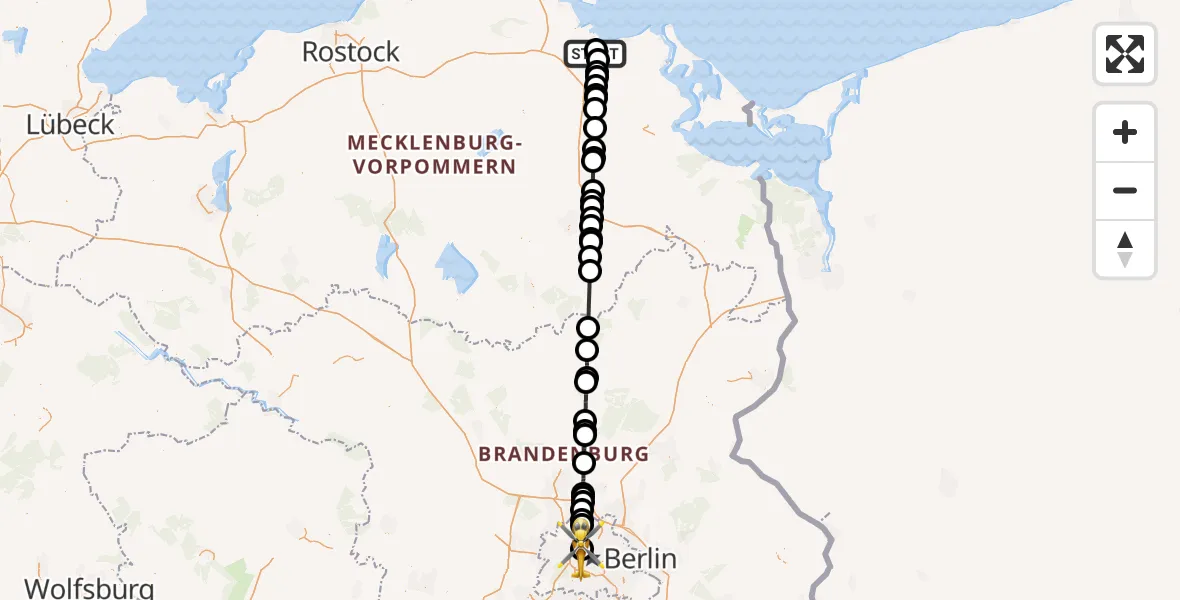 Flugroute Rettungshubschrauber Greifswald Hospital - Charité Clinic Virchow Campus Hubschrauberlandeplatz, 17 Juli 2026, 12:35