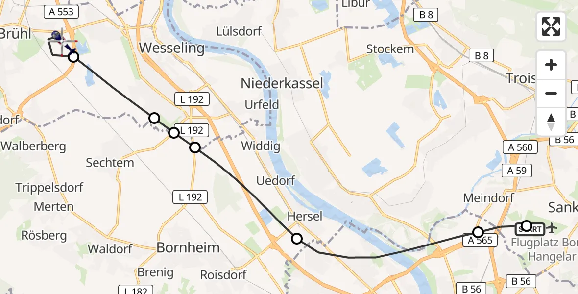 Flugroute Polizeihubschrauber Bonn-Hangelar Flugplatz - Brühl, 17 Juli 2026, 12:42