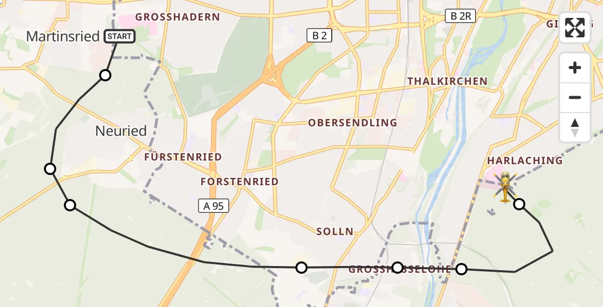 Flugroute Rettungshubschrauber DRF Air Rescue München Hubschrauberlandeplatz - ADAC Air Rescue Center Hubschrauberlandeplatz (Christoph 1), 17 Juli 2026, 12:44