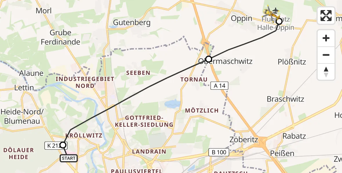 Flugroute Rettungshubschrauber Halle (Saale) University Hospital - Halle-Oppin Flugplatz, 17 Juli 2026, 12:50