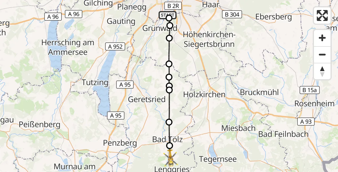 Flugroute Rettungshubschrauber ADAC Air Rescue Center Hubschrauberlandeplatz (Christoph 1) - Gaißach, 17 Juli 2026, 12:56