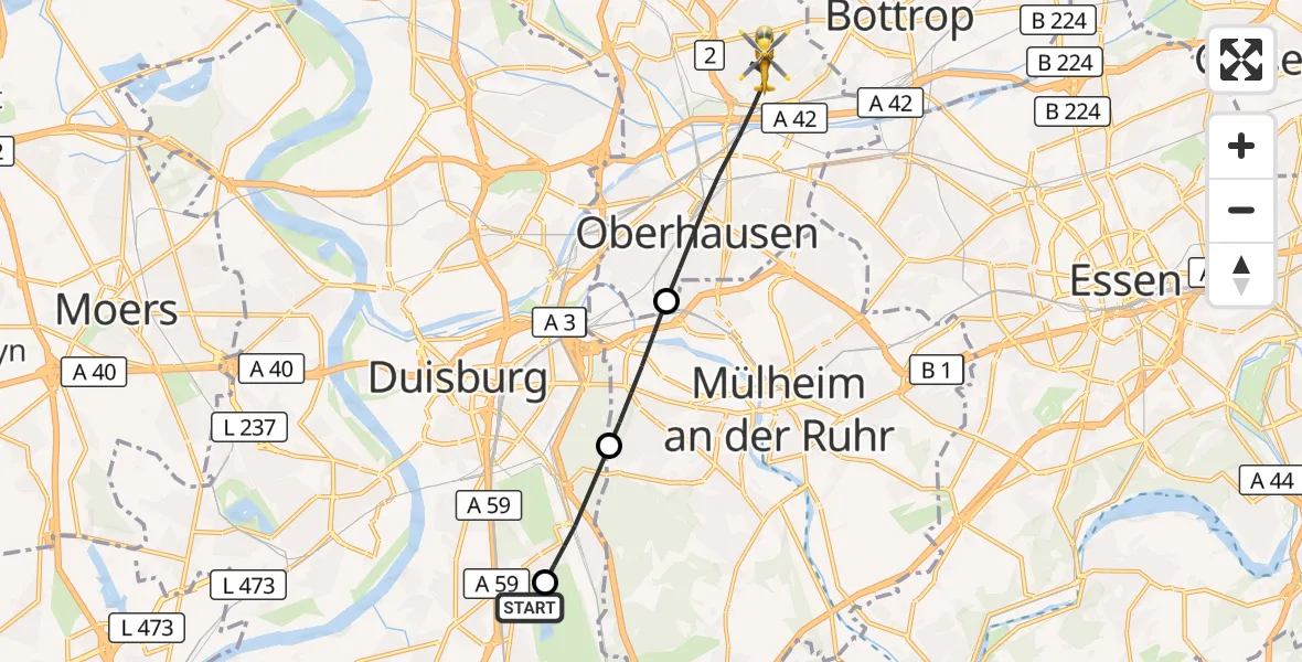 Flugroute Rettungshubschrauber Duisburg Air Rescue Hubschrauberlandeplatz (Christoph 9) - Oberhausen, 17 Juli 2026, 13:05